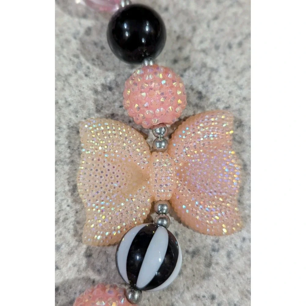 Chunky‎ Pink Bow Black Pink Bead Necklace Ring Toggle Clasp